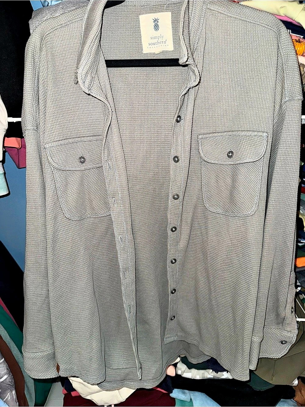 Simply Southern Great Lakes Waffle Knit Button Up Shirt Gray